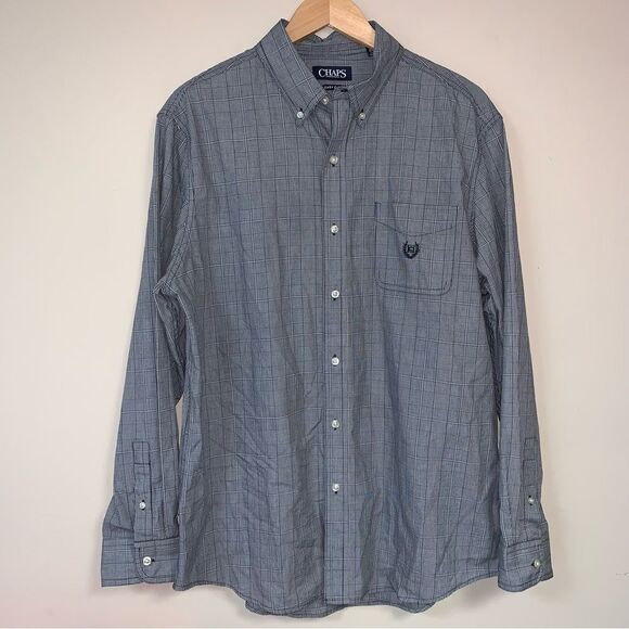 Plaid Shirt Men Large Gray Button Down Work Business Casual Easy Care Long Sleev - Picture 1 of 8